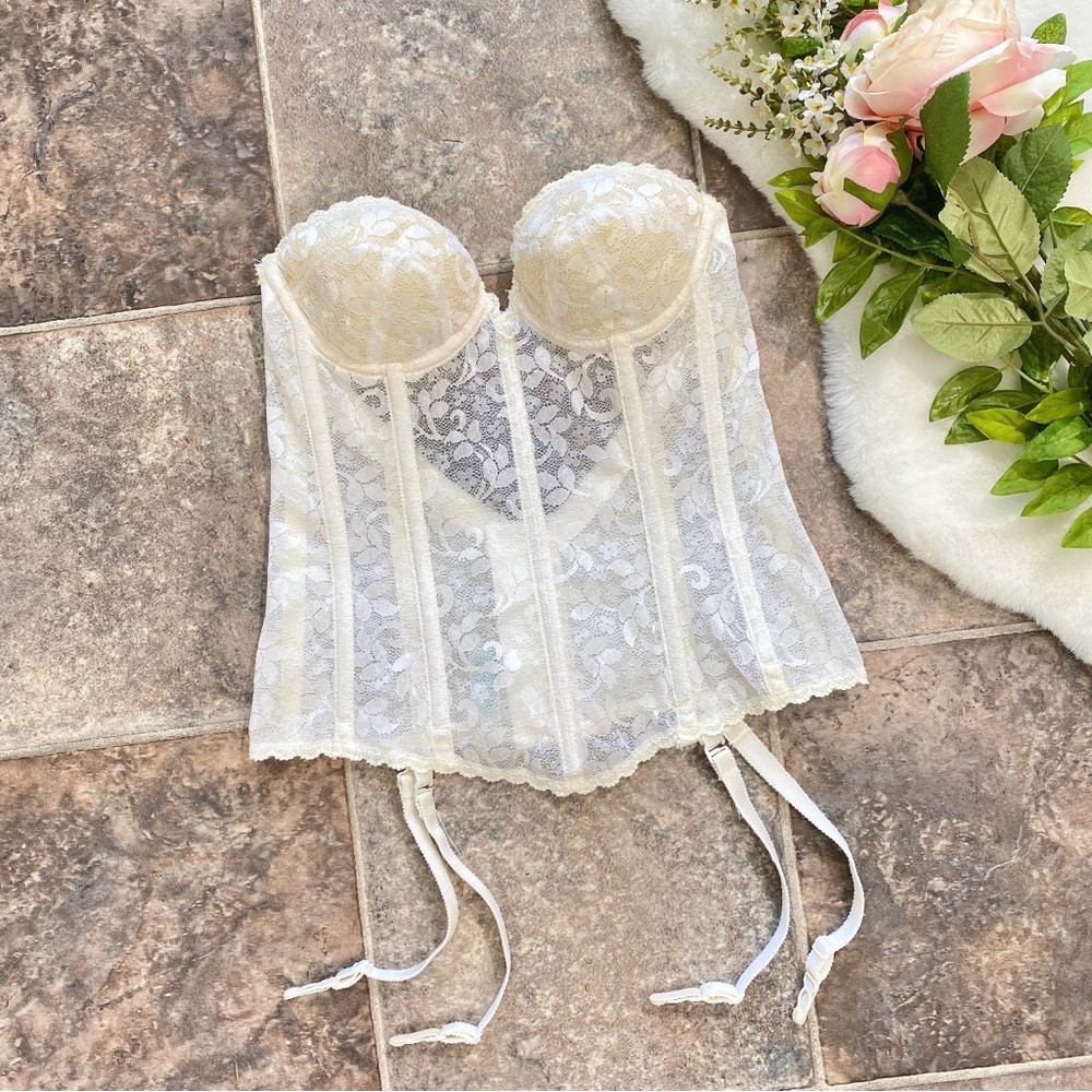 Vintage union made white and cream coloured sheer lace and mesh bustier bra top